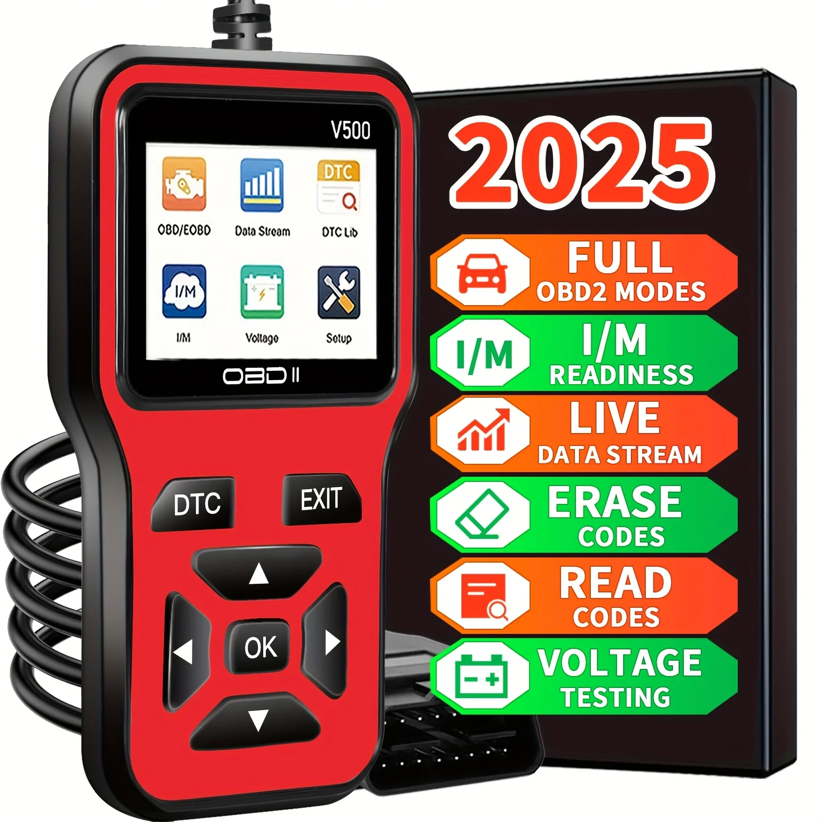 Obd2 Scanner V500 - Car Diagnostic Tool, Fault Code Reader, Voltage Tester, Engine Fault Detector, Obdii Compatible, No Battery Required