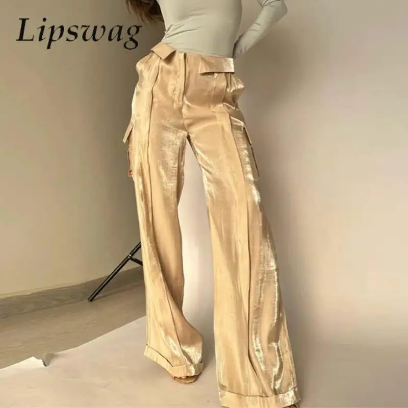 Fashionable Casual Loose Pocket Cargo Pants 2024 Spring Tie-up Street Straight Trousers Women Vintage Color Silky Wide Leg Pants