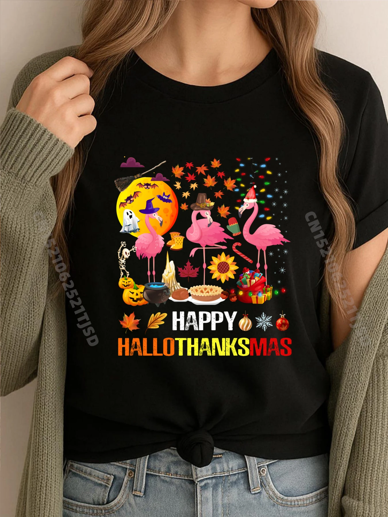 

Happy Hallothanksmas Flamingo Halloween Thanksgiving Xmas Grpahic Tee T Shirts For Woman