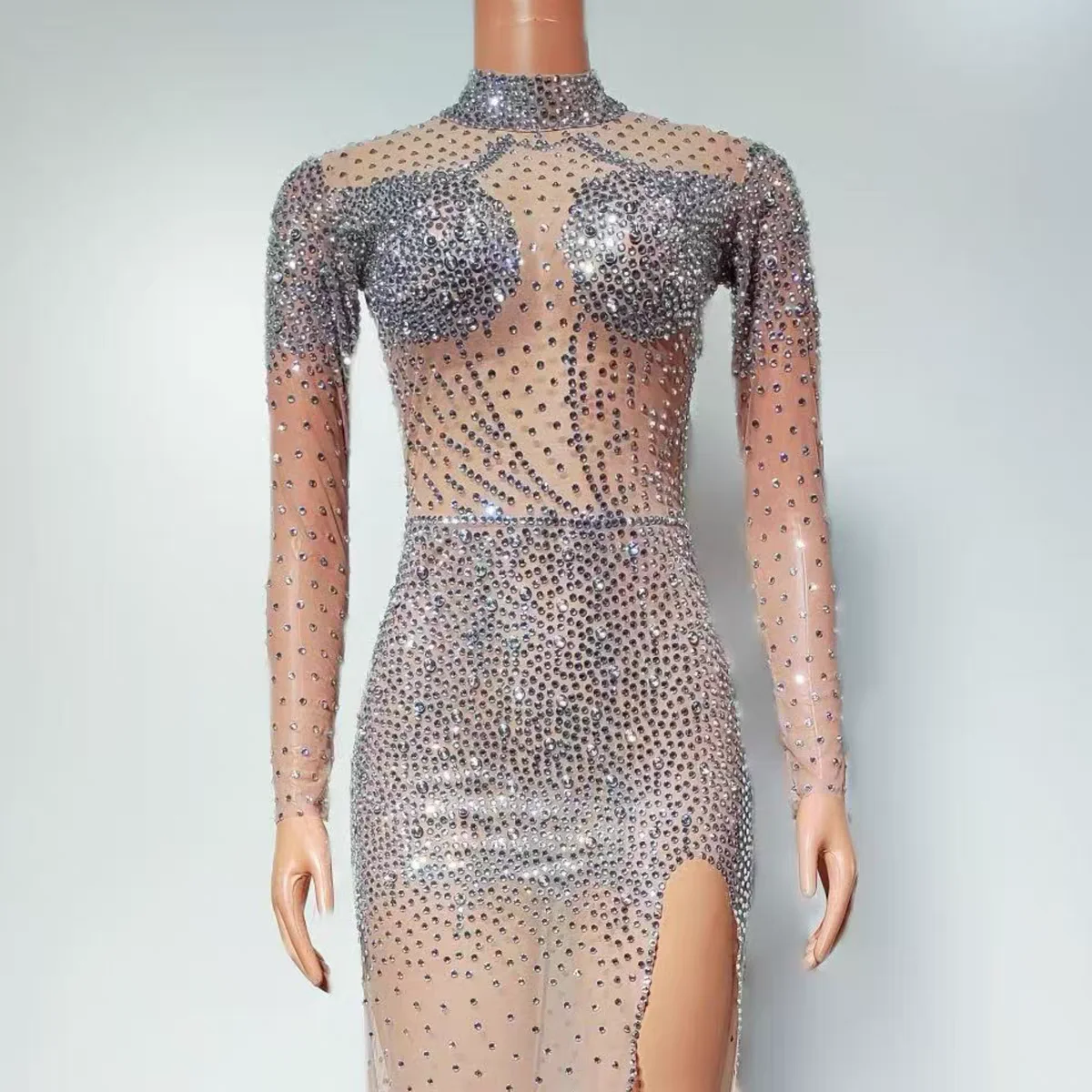 Klub nocny DJ Bar Kostium sceniczny dla piosenkarki Seksowna perspektywa Siatka Pełna diamentowa spódnica z wysokim rozcięciem Zespół taneczny Impreza tematyczna Pokaz