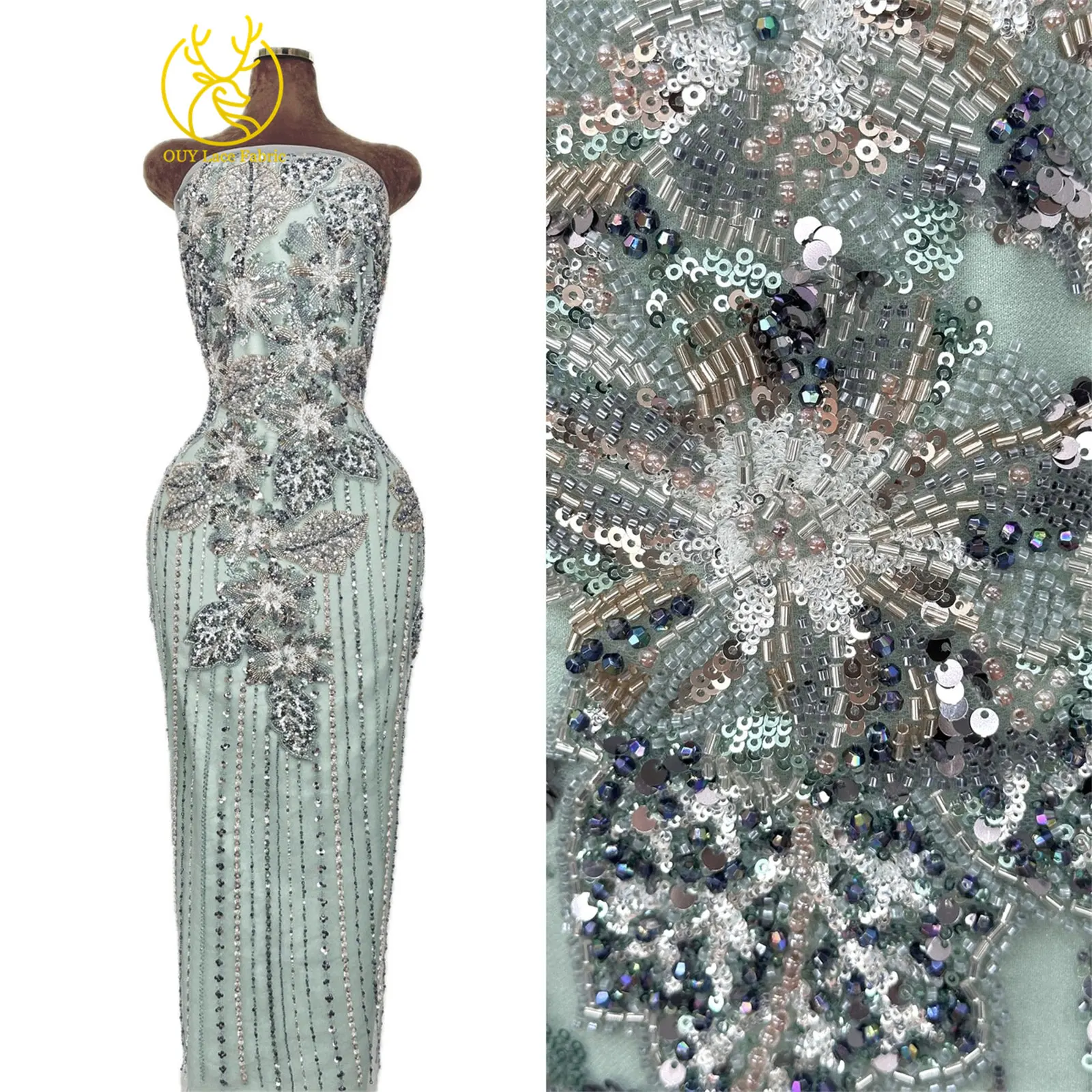 Haute Couture Afrikanischer Schwer Perlenverzierter Spitzenstoff 2026 Hochwertige Französische Pailletten-Spitze Nigerianischer Spitzenstoff für Party- und Hochzeitskleider – Detail 5