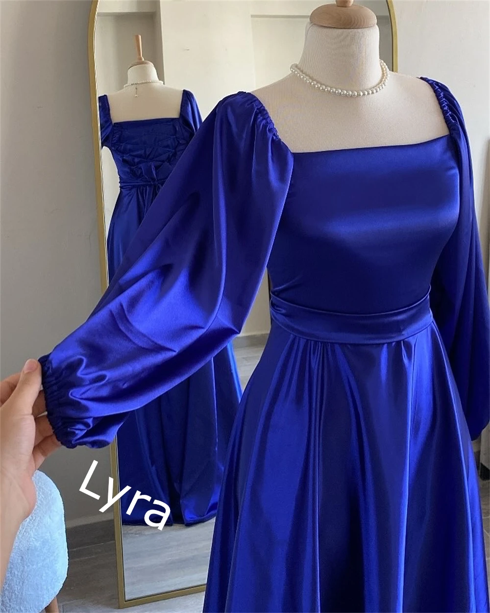 Customized Square Collar Satin Long Sleeves Evening Dress Formal A-Line Floor Length Homecoming Dresses Sweep Train Party Gowns