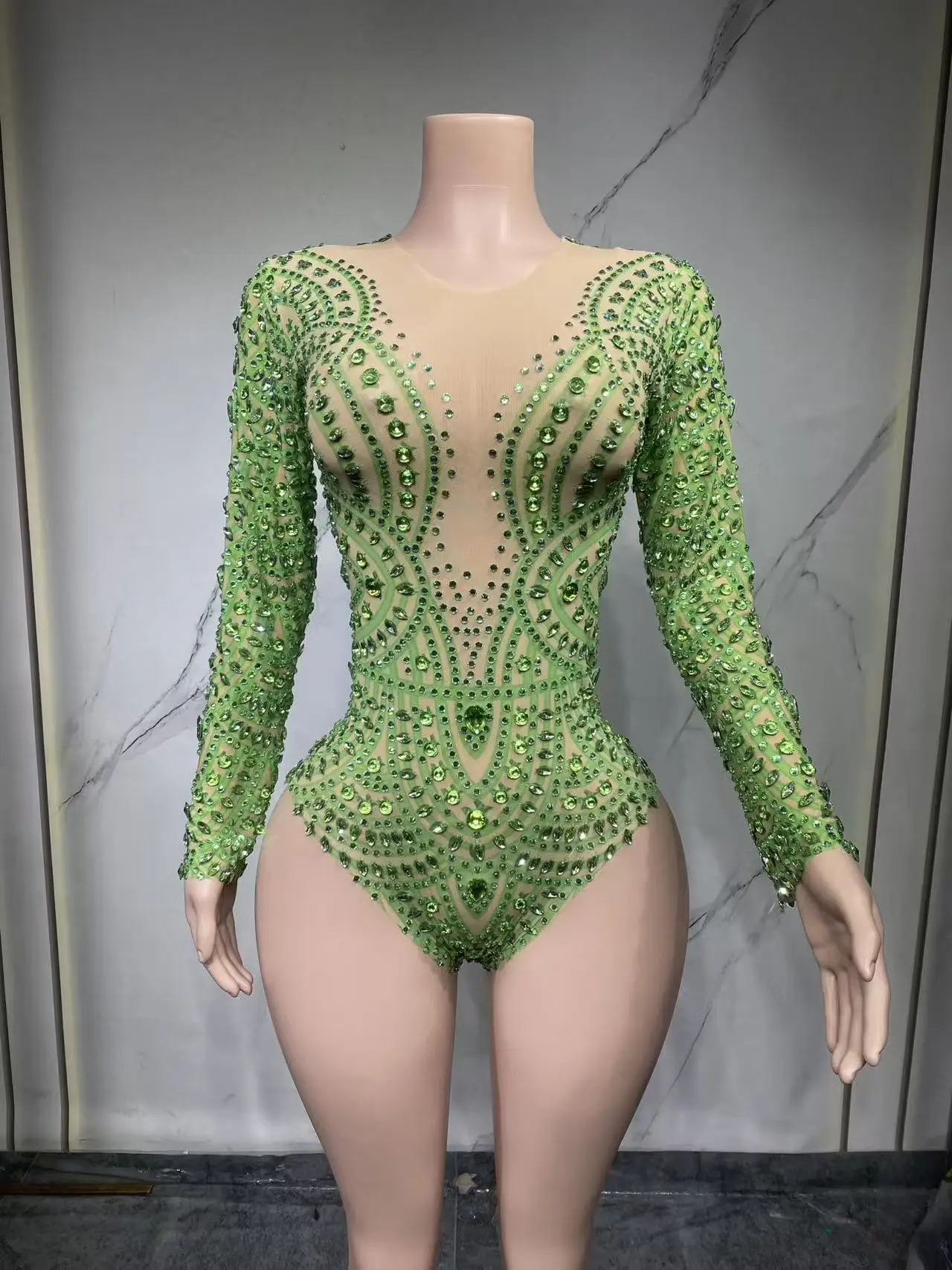 Sparkly Rhinestones Luxury Women Strecht Bodycon Sexy Long Sleeves Singer Performance Stage Nightclub Outfit Dancer Costum
