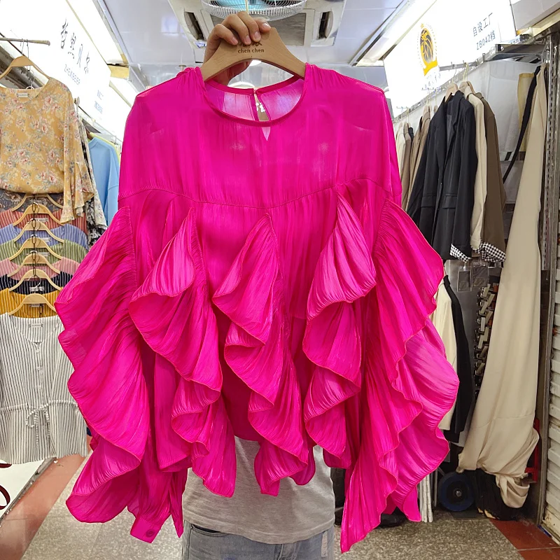 

SuperAen Ruffle Edge Asymmetric Chiffon Shirt 2024 Autumn New Design Elegant Long Sleeved Blouse