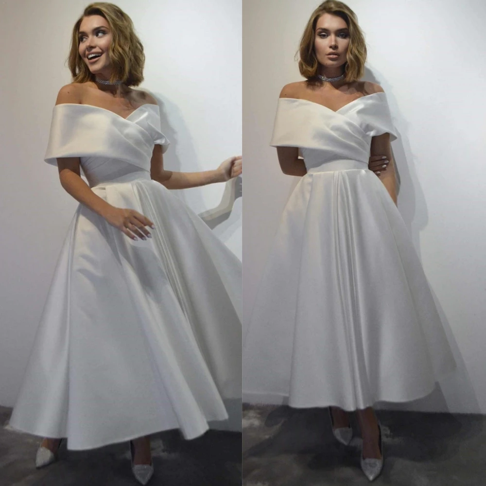 

Customized Formal Satin V-Neck Evening Dress Delicate Off the Shoulder Prom Dresses Formal Short Sleeves Special Occasion Gowns