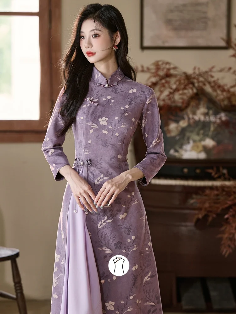 

Ele Purple Young Sle Dr, традиционная китайская реформационная версия, дышащий цветочный узор, длинное Ципао с низким разрезом
