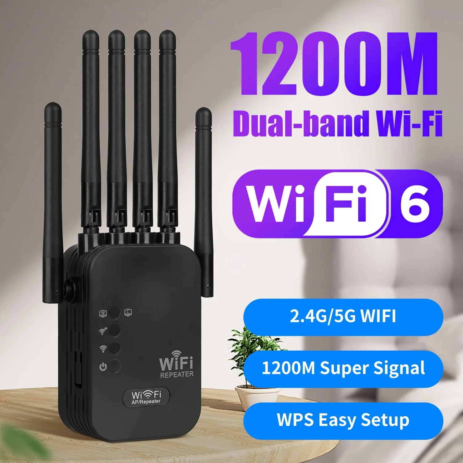 Dual Band Gigabit Ethernet Ports, WiFi 6 Extender, Works with Any Router, Universal Compatibility, 6 Antennas for 50+ Devices