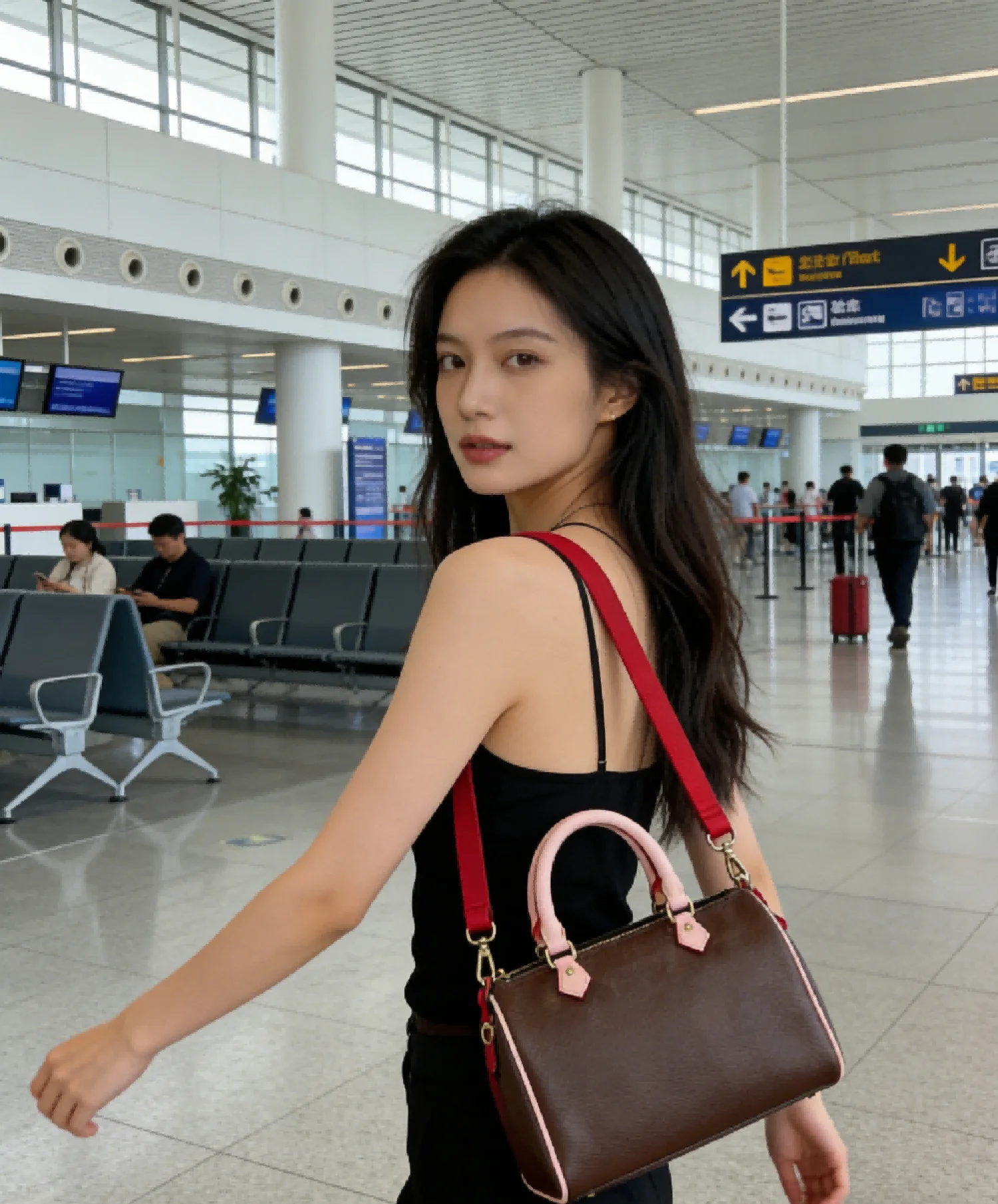 

Темно-коричневая женская сумка с контрастной отделкой и верхней ручкой, структурированная сумка через плечо, элегантная сумка-кроссбоди с красным ремешком