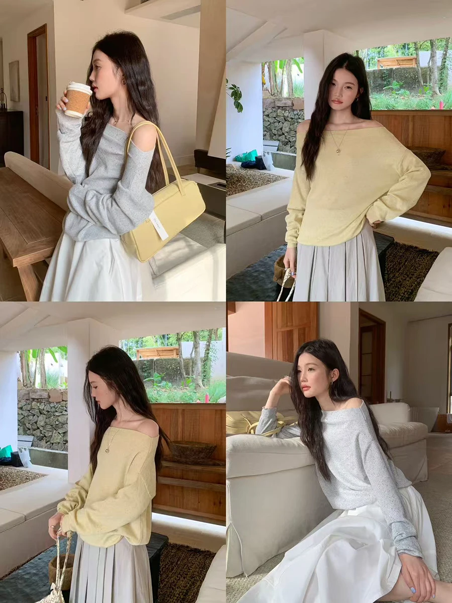 

Linyunyun Soft Knitted Casual Loose Fit Shoulder Baring Top in Light Yellow And Grey for Women Spring Season Long Sleeve