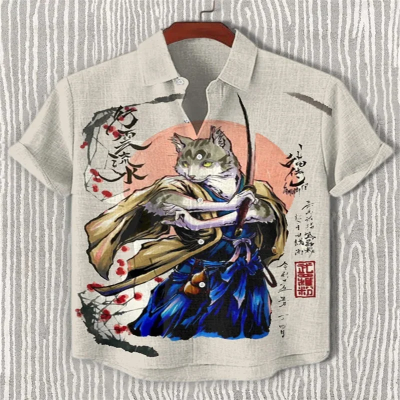 

Men's casual shirt cartoon black warrior cat, 3D printed Japanese octopus cat fashionable men's and women's short sleeved top
