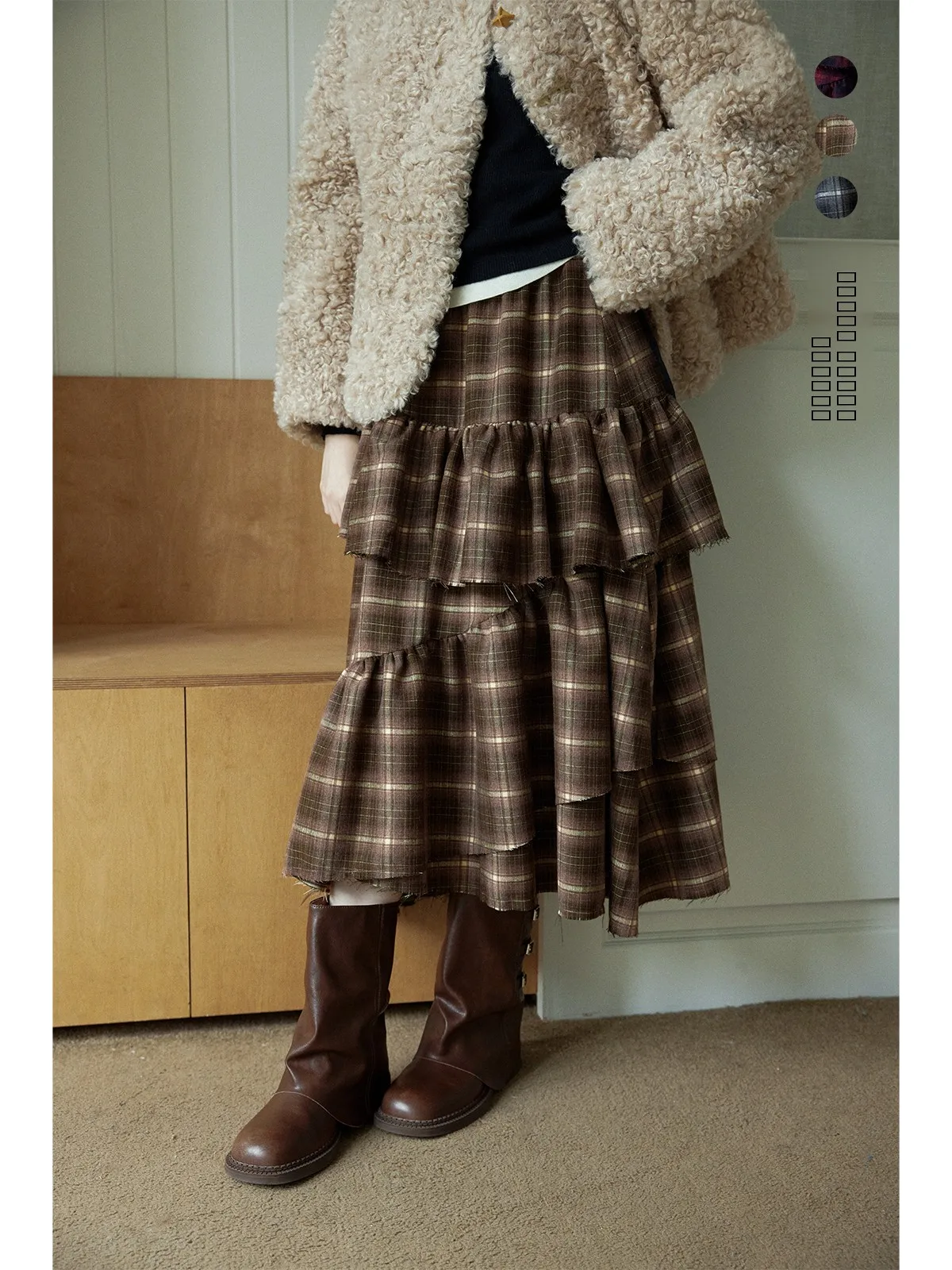 

Ele High Waist Plaid Skirt for Women with Lace Hemline And Wave Design Autumn Winter Long Cake Skirt Polyester Visco...