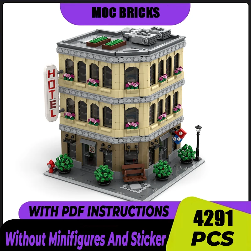 MOC-Blocos de Construção de Hotel e Restaurante, Modelo de Tijolos Modulares, Tecnologia Modular, Street View, Conjunto de Brinquedos DIY, Presentes para Construção