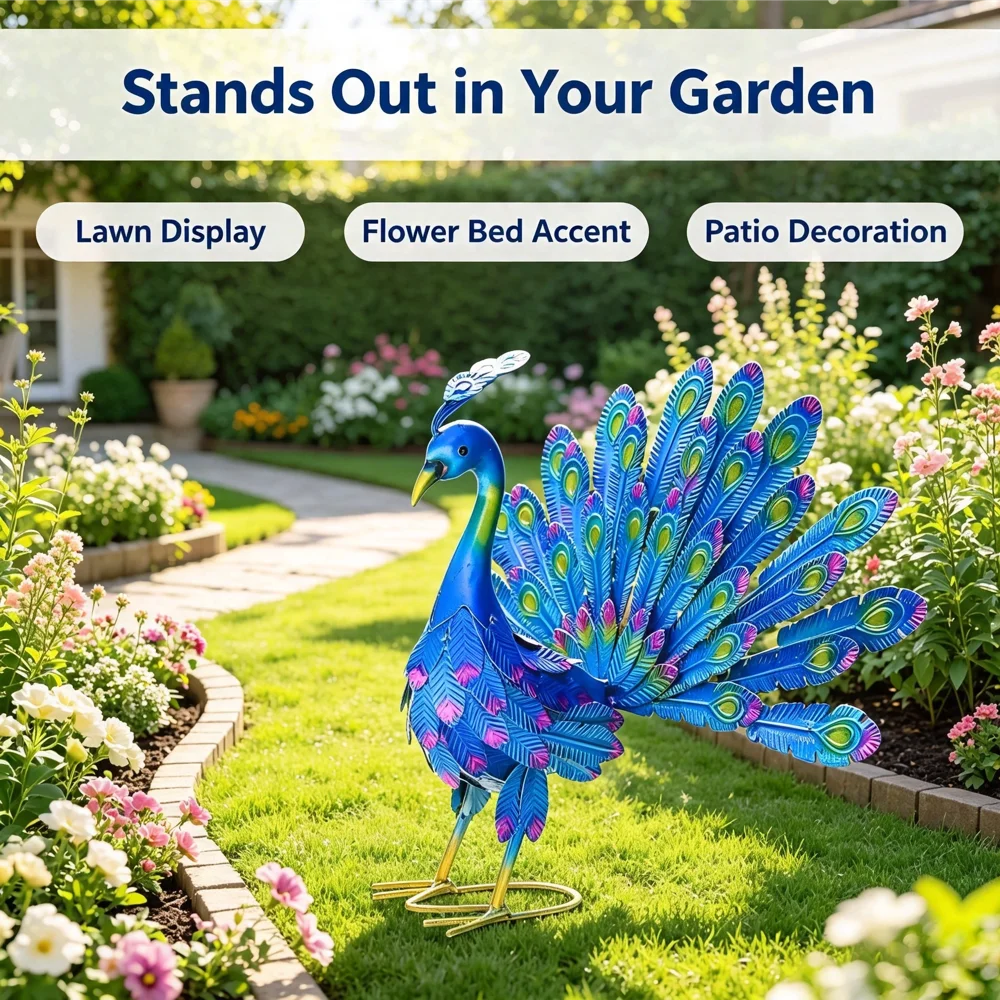 Metal Peacock Statue Outdoor Garden Decor Colorful Peacock Sculpture Yard Lawn Ornament Home Art Decoration