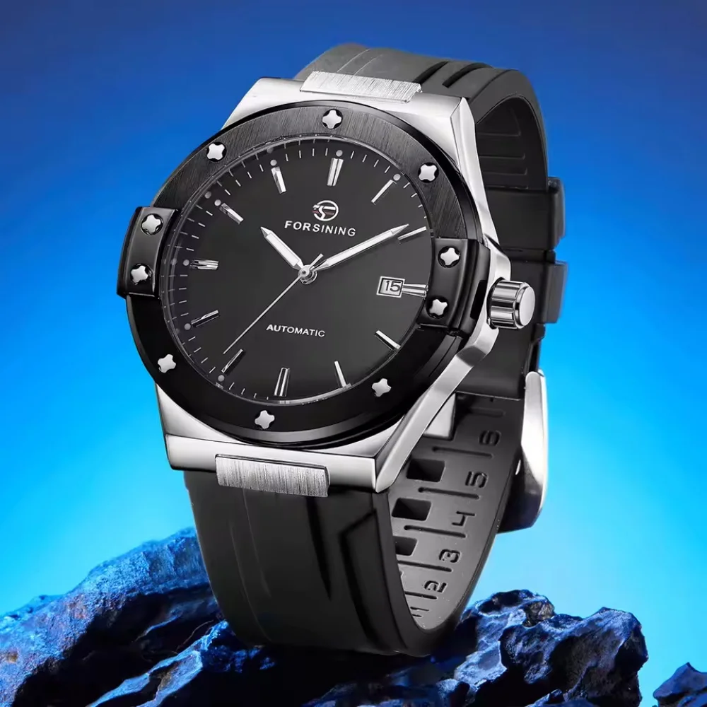New Forsining Mechanical Watch for Men, Automatic Movement, Silicone Strap, Waterproof, Calendar Display, Fashionable Sports Men's Watch, Hot-Selling in Foreign Trade
