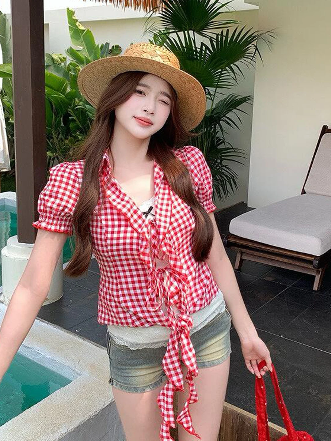 

Fashionable Red Plaid Short Sleeve Shirt Women's Summer Design Sense Short Waist Cinch Shirt Top with Bow Tie Slimming Effect