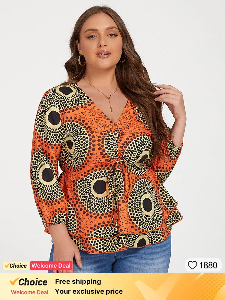 

Plus Sized Clothing Orange Tropical Print Tie Front Bohemian V-Neck Long Sleeve Loose Women's Blouse Shirt Fashion Clothes