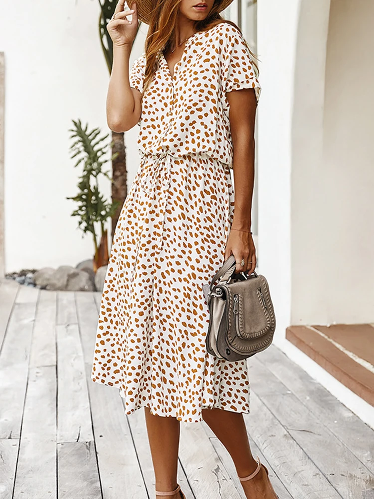 

Dots Print White Summer Dress Women 2024 New Short Sleeve Tunic Vintage Midi Dress Casual Holiday Boho Beach Dress Vestidos