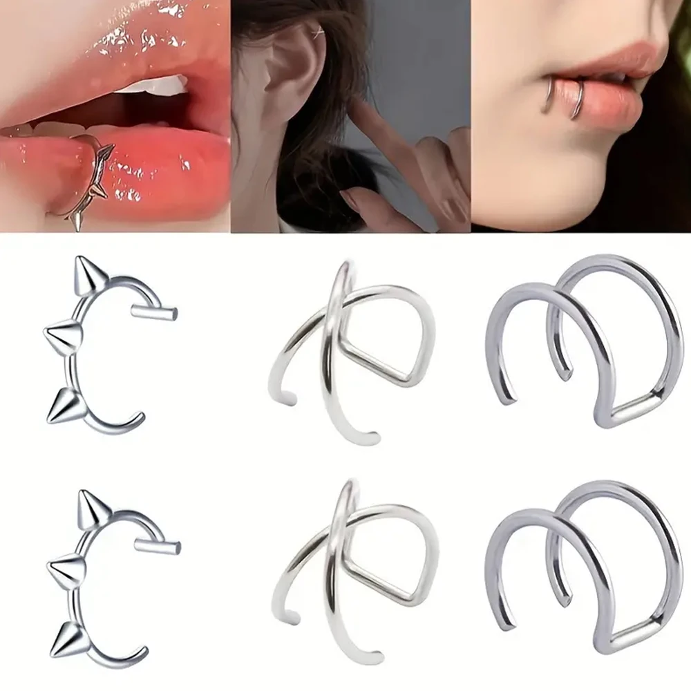 2pcs Minimalist Ear Clip Women's Fake Piercing Jewelry Ear Septum Cartilage Clip Stainless Steel Lip Ring Girl Jewelry Set