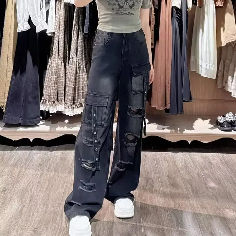 

High Street Y2k 2000s Pockets Baggy Jeans Women Gothic Girl Denim Trousers Full Length Pants Vintage Woman Clothing Clothes