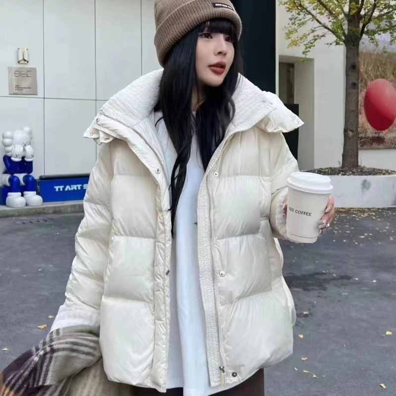 Women\'s Loose Thick Down Jacket, Warm Coat, Super Nice Lamb Wool Collar, Casual Loose Hooded Parkas, Winter Fashion, New, 2024