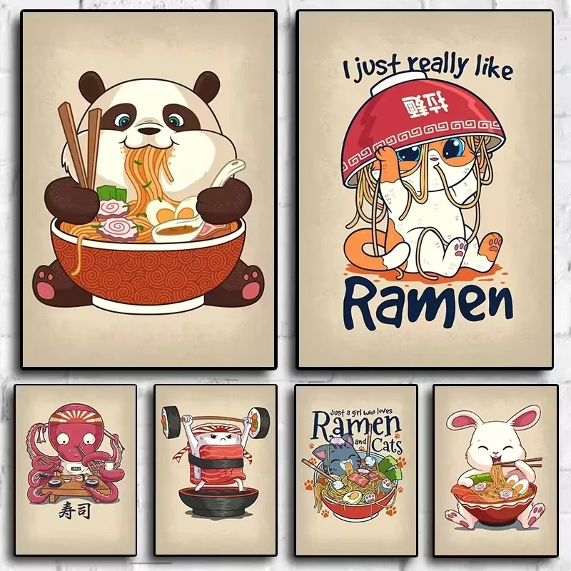 Pop Retro Cute Animals Food Poster Aesthetics Ramen Sushi Panda Cat Rabbit Drink Canvas Painting Wall Art Home Kawaii Room Decor