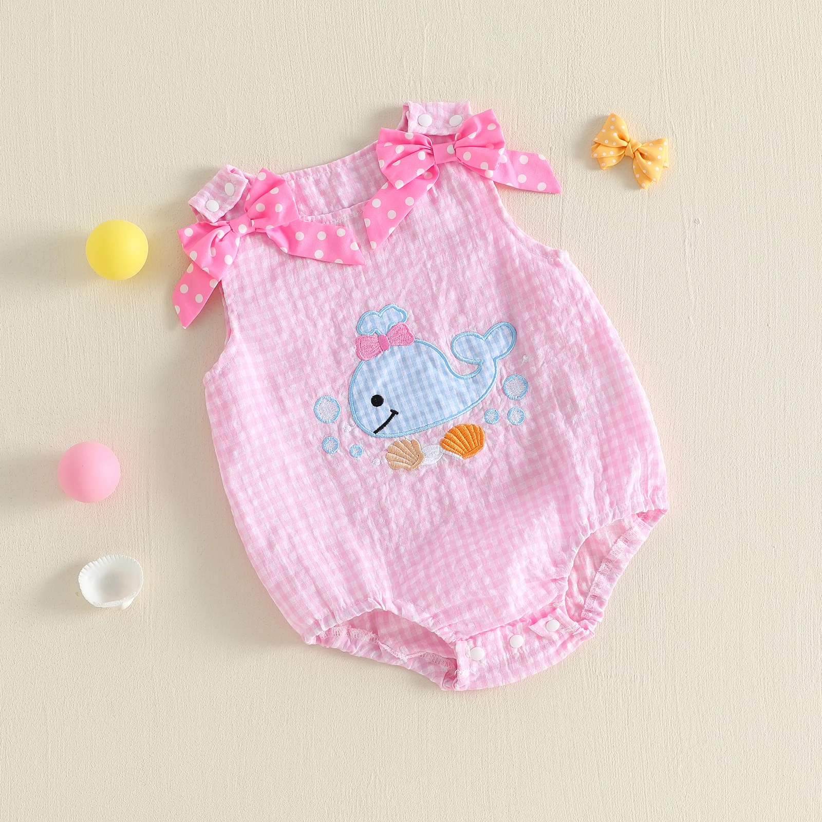 Sweet Baby Girl Overalls Sleeveless Bow Plaid Embroidery Whale Romper Summer Baby Bodysuit for Casual Daily