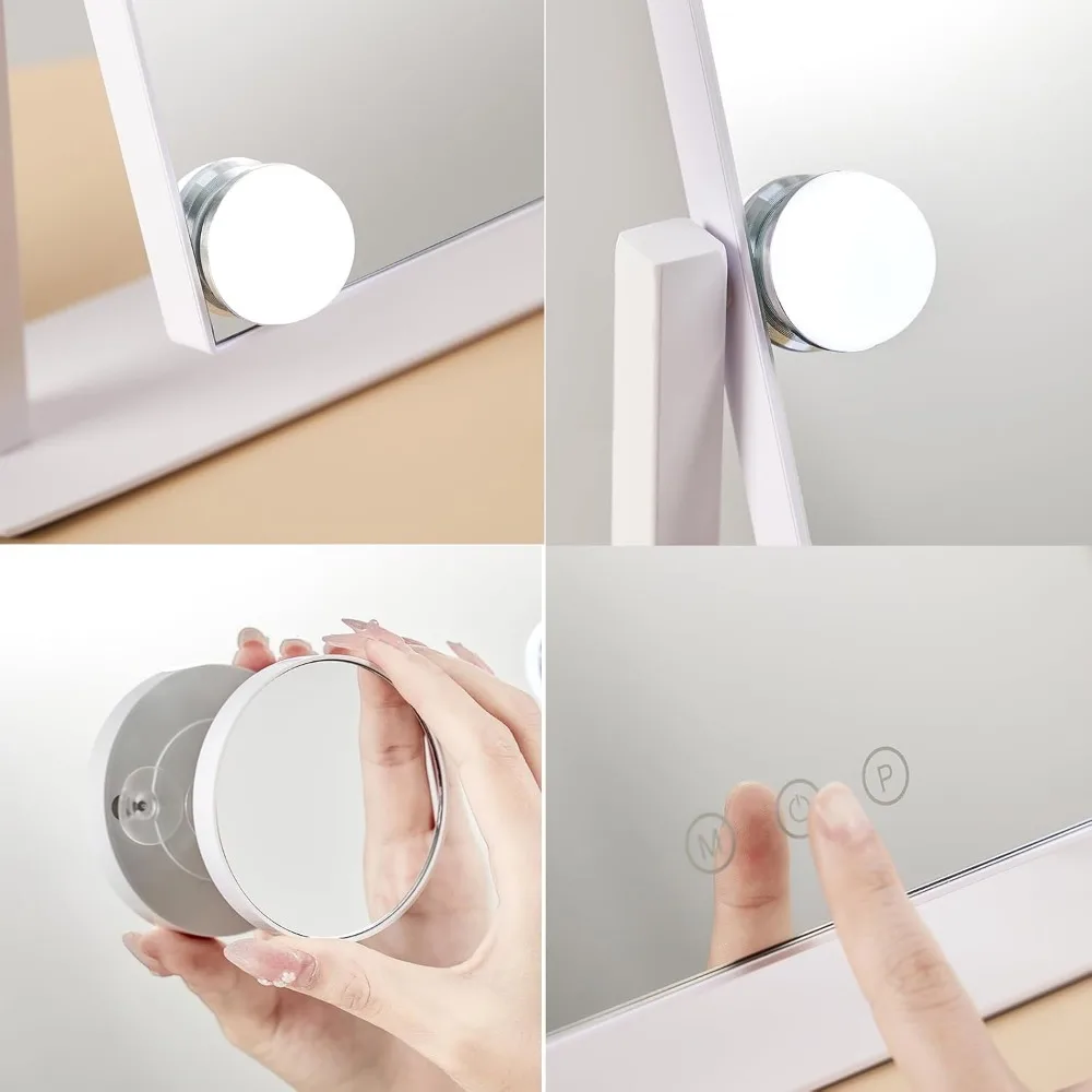 Miroir de courtoisie avec 12 ampoules à intensité variable, 3 modes de couleur, grossissement 5X, commande tactile intelligente et 360 °   Rotation dans une boîte cadeau blanche