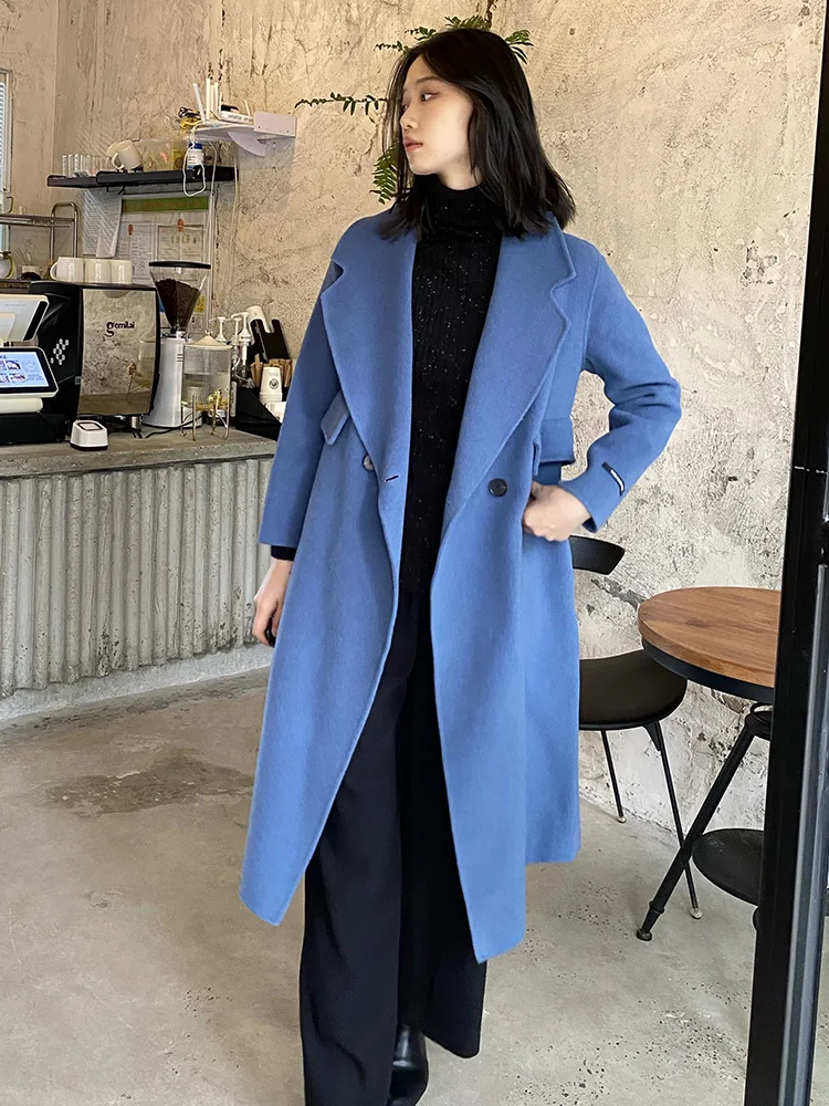 

Double-Faced Wool Camere Coat Autumn Winter Slim Fit Medium-Length Suit Sle Button-Up Ladies Faion Outerwear in Mis Blue