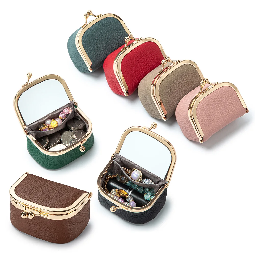 Portable 2‑in‑1 Jewelry Coin Purse Leather Kiss Lock Clasp With Makeup Mirror Mini Travel Rings Earrings Coin Lipstick Organizer
