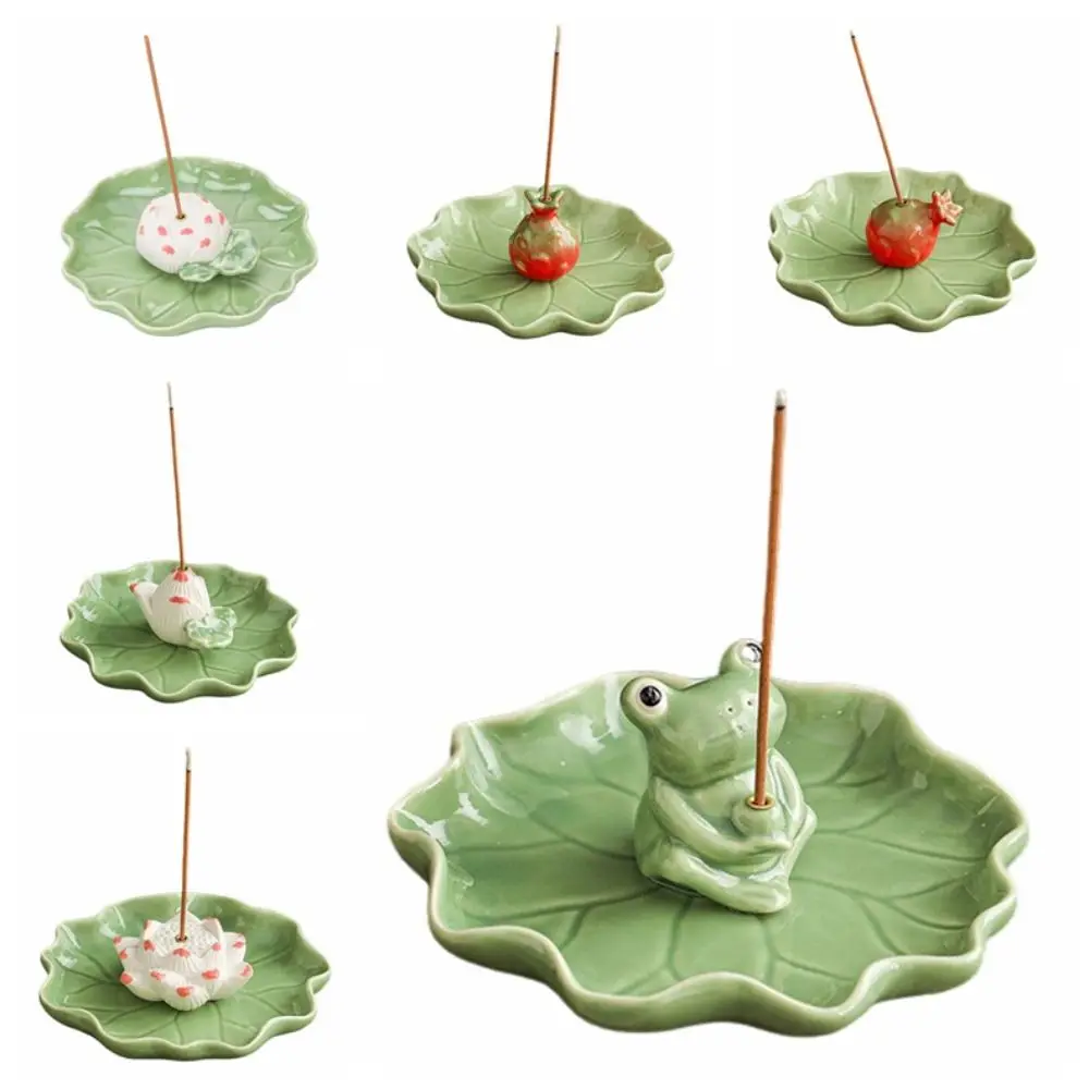 Creative Frog Lotus Ceramic Incense Holder with Lotus Leaf Tray Ash Catcher Zen Incense Burner Incense Stick Holder Home Decor