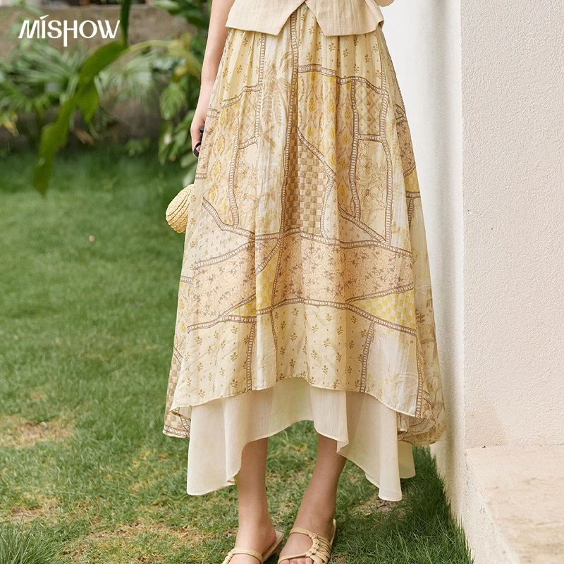 MISHOW Women's Vintage Floral Print Midi Skirt Irregular Ruffle Hem Elastic Waist Skirts High Waist Yellow Long Skirt MXF27B2543