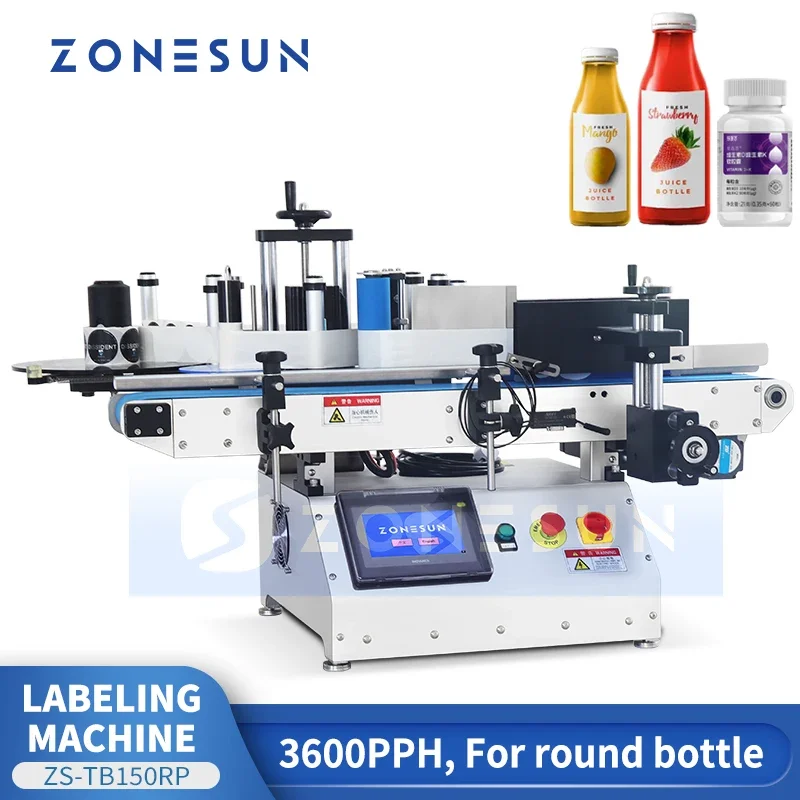 

ZONESUN Tabletop Round Bottle Label Applicator ZS-TB150RP Bottle Labeler Wrap Around Labeling Machine
