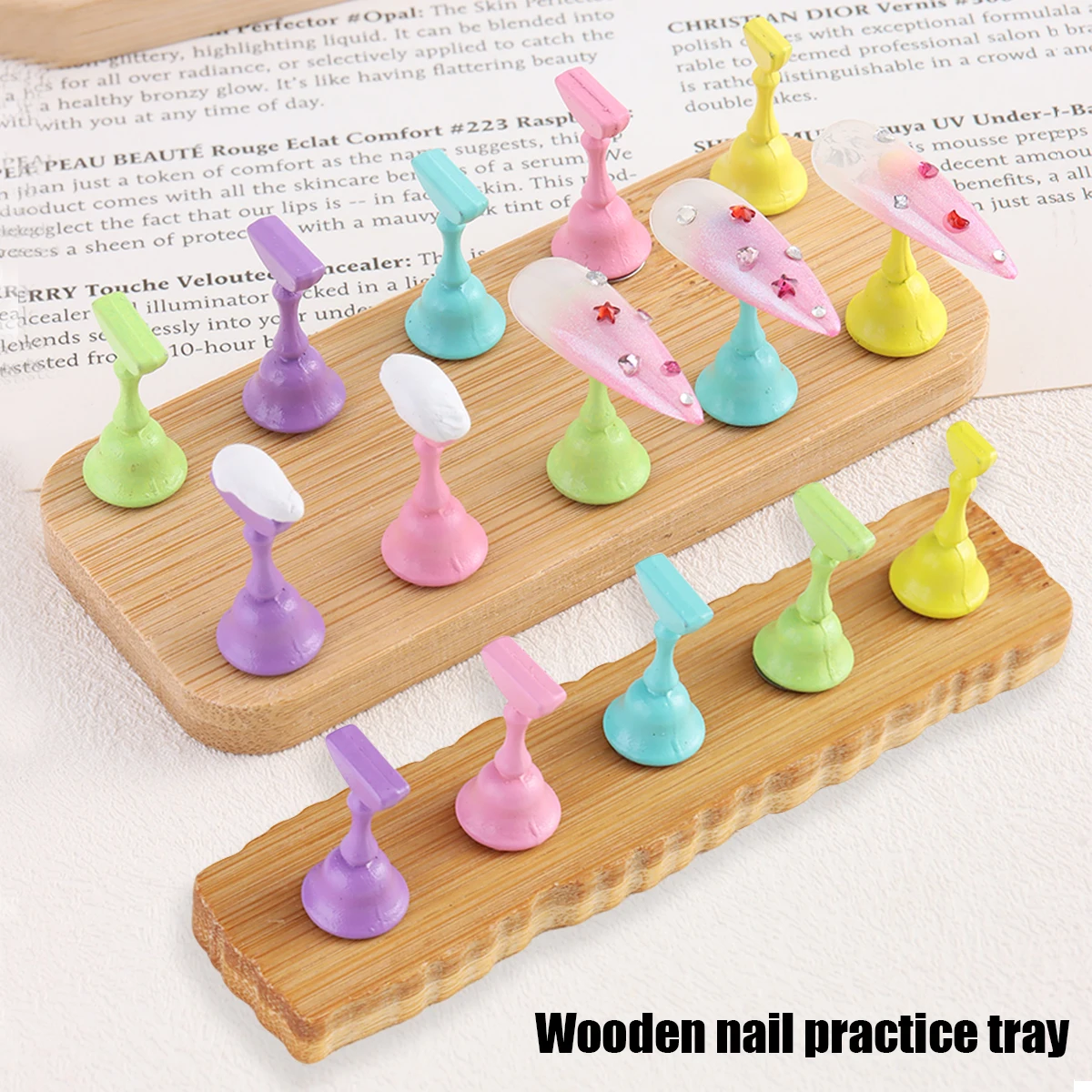 Magnetic Wooden Base Nail Practice and Display Stand, colorful Nail Tip Holders, and Chessboard-Style Display Tray for Nail Tips