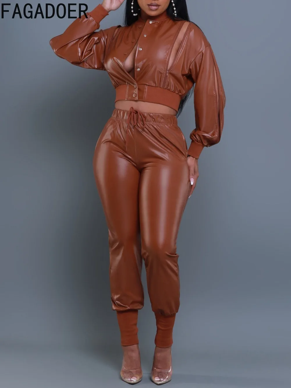 FAGADOER Leather Black 2 Piece Set Outfit Sexy Hollow Long Sleeves Buttons Crop Jacket + High Waist Drawstring Pants Suit Autumn