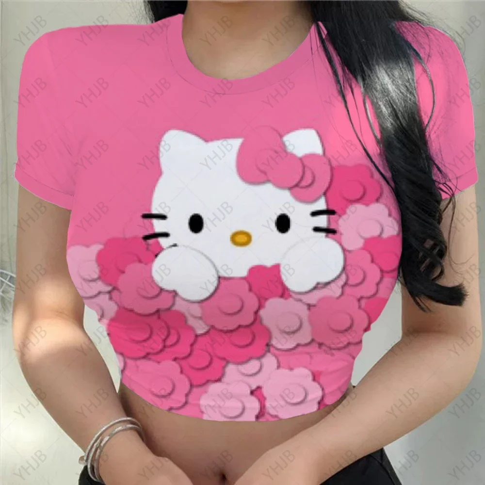 Women Hello Kitty Women T-Shirt Slim Crop Top Cartoon Cat Casual Tee Y2k Top Streetwear Sexy Tops Short Navel Female Clothes