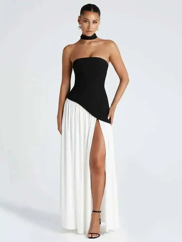 

Strapless Off-Shoulder Sexy Maxi For Women Gown Patchwork Scarf Collar Thigh High Split Club Party Long Dress