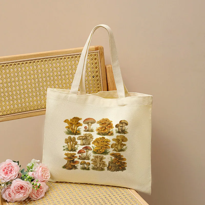 Vintage Mushroom Tote Bag, Botanical Mushroom Print Canvas Shopping Bag, Nature Lover Shoulder Bag