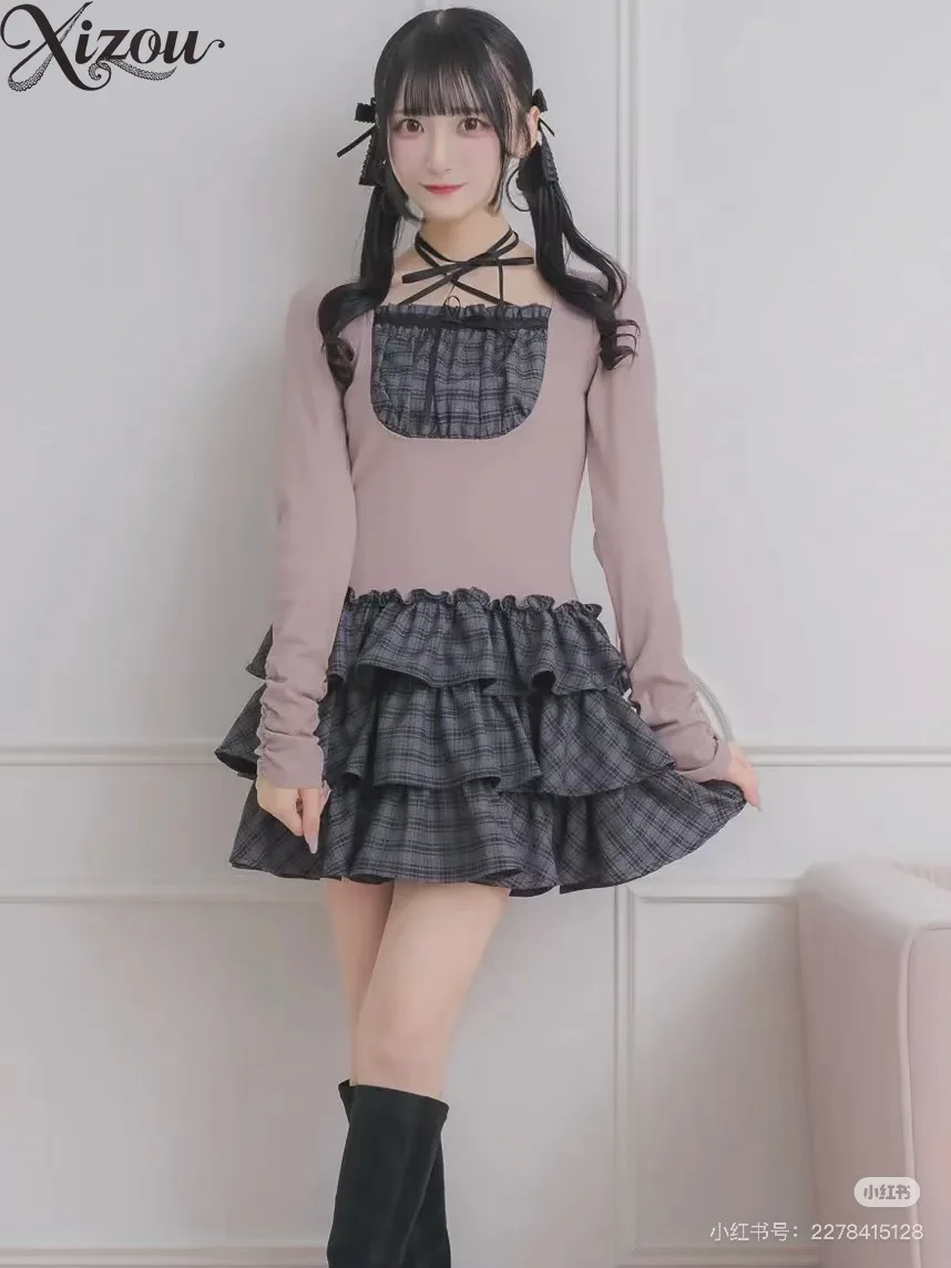 

Women's Cake Elegant A Line Long Sleeve Dresses Japan Style Fashion Sweet Kawaii Casual Square Collar Girls Short Dress