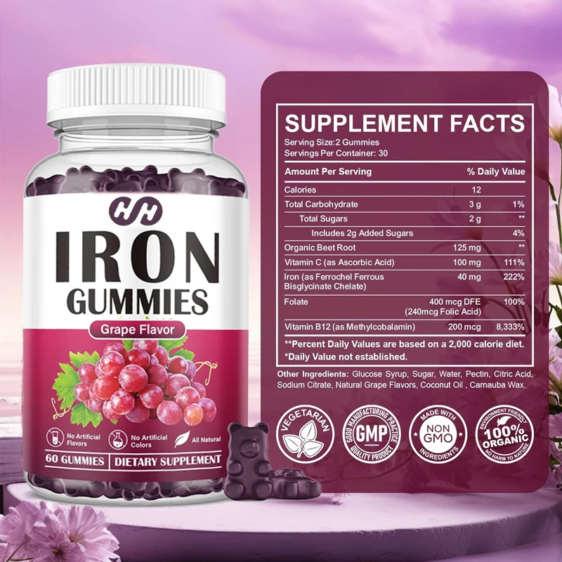 Iron Supplements for Women and Men, Containing Vitamin C,B12, Folate Hematopoietic Agents, and Iron Deficiency Energy 60 Gummies