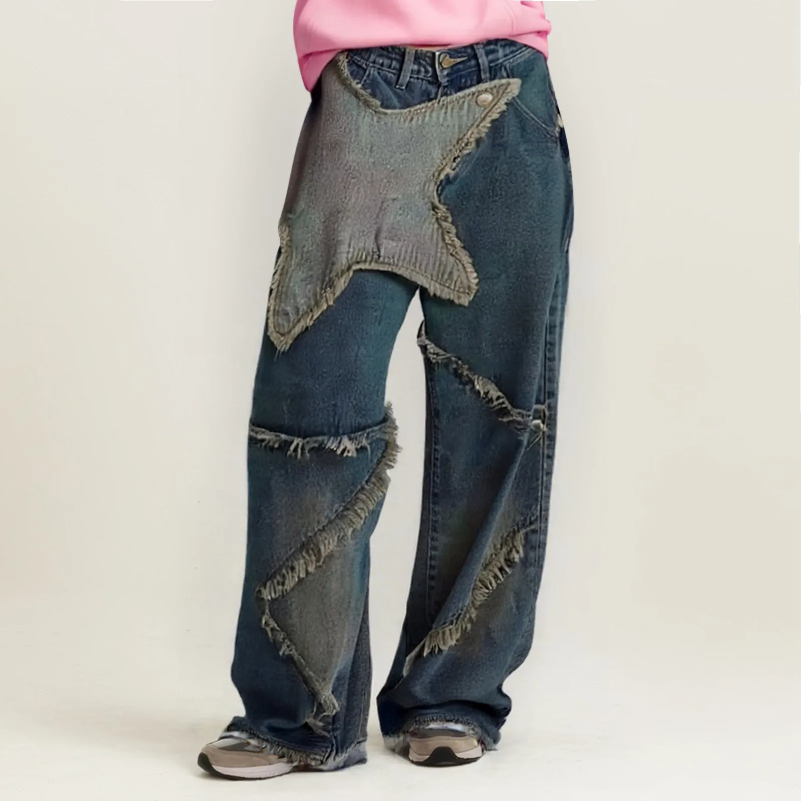 

Vintage Wide Leg Women'S Pants Star Fringed Patchwork Jeans Woman Y2k Loose Mujer Pantalones Fashion Office Lady Pantalon Femme