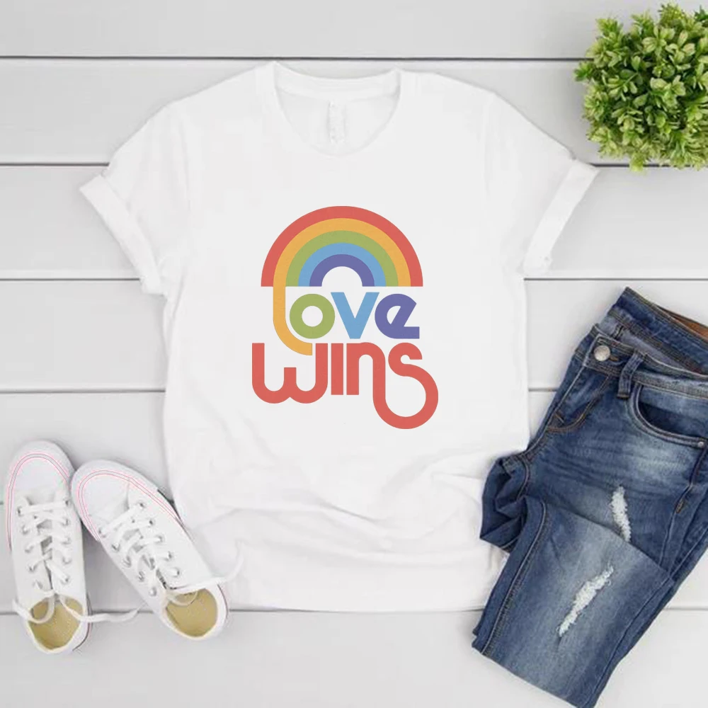 Amor ganha camiseta arco-íris orgulho tshirt lgbt camisas casuais de manga curta camiseta feminina amor é amor camisetas streetwear lgbtq tshirt