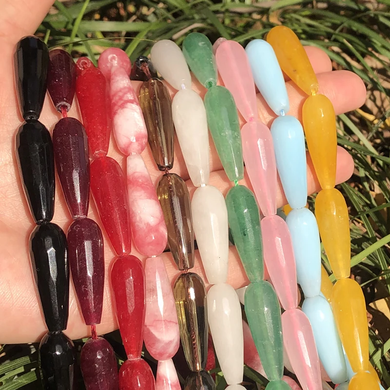 

10x30mm Natural Faceted Colorful Chalcedony Jades Stone Water Drop Loose Spacer Beads For Jewelry Making Diy Bracelet Accessorie