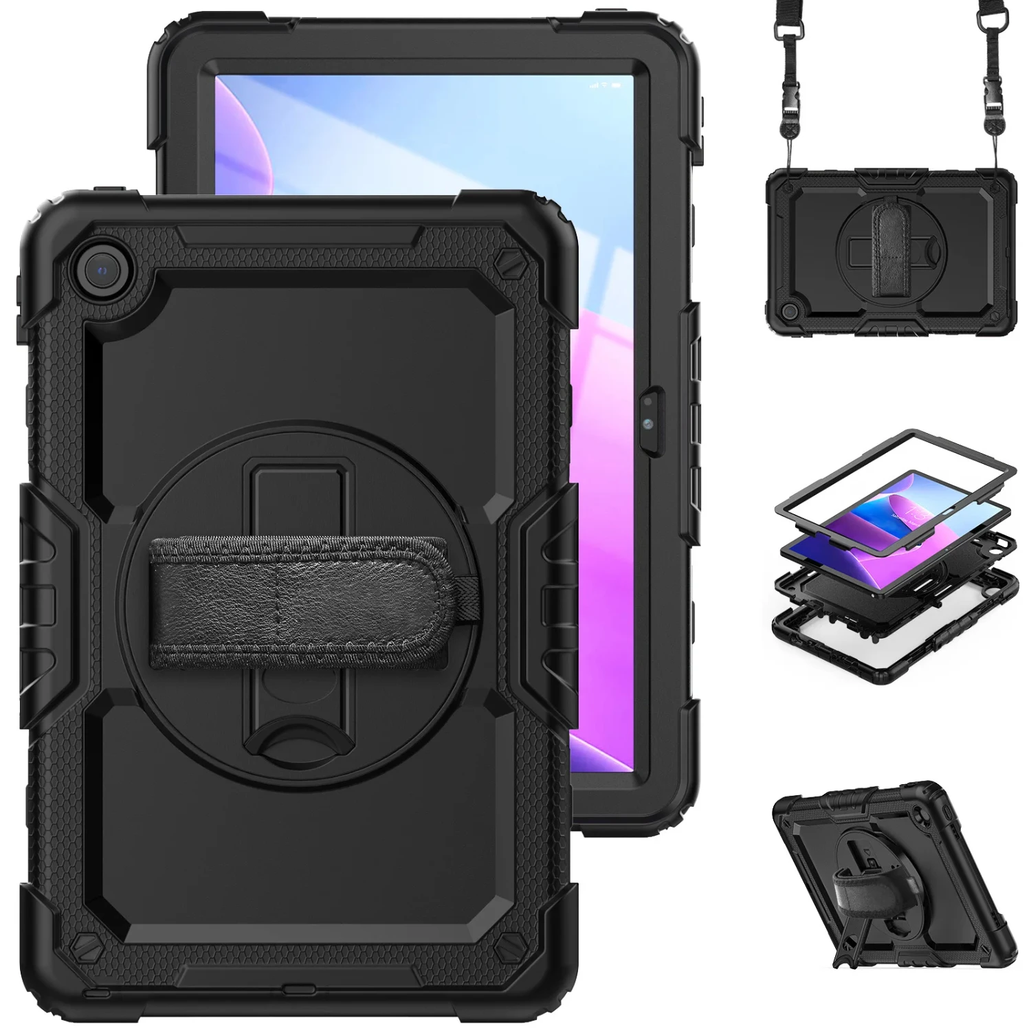 Black Shockproof Protective Case with Kickstand and Shoulder Strap for Tab M10 3rd Gen TB328FU, Plus 10.3 X606F, HD 2nd Gen TB-X