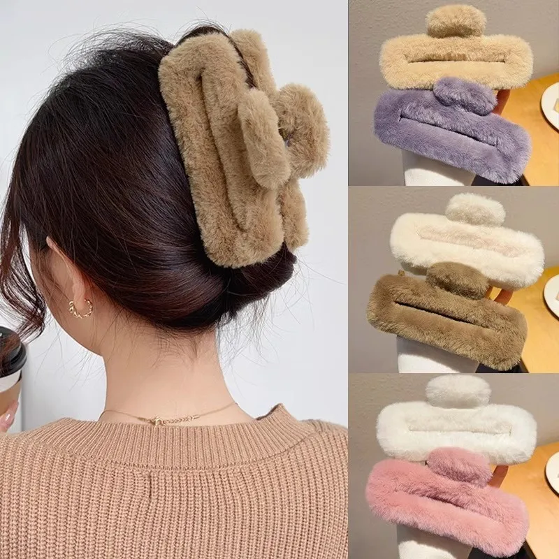 Korean Large Square Plush Hair Clip for Women Fashion Temperament Shark Clip Barrettes Girl Headwear Hair Accessories