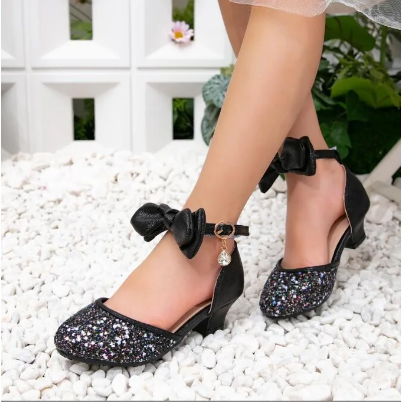 28-40 Fashion Kid Leather Shoes Summer Sequin Princess Shoe Crystal High Heel Sandals Children's Girl Dress Party Wedding Shoes