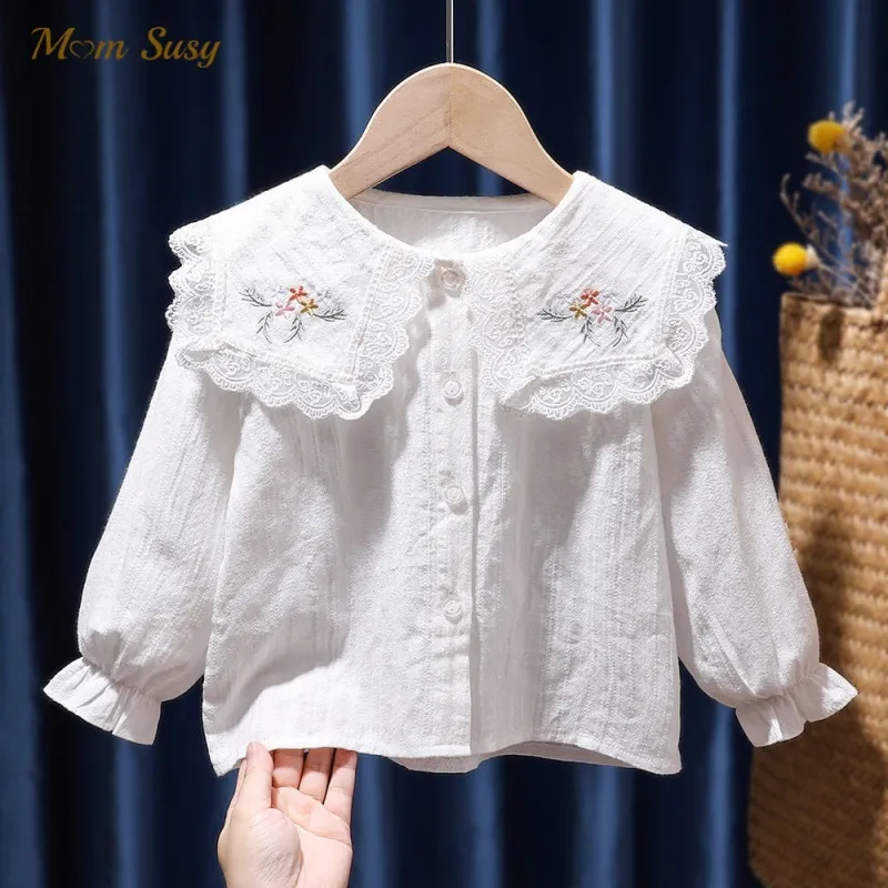 Baby Girl Cotton Shirt Long Sleeve Infant Toddler Child Turn Down Collar Blouses Solid Spring Autumn Summer Baby Clothes 1-7Y