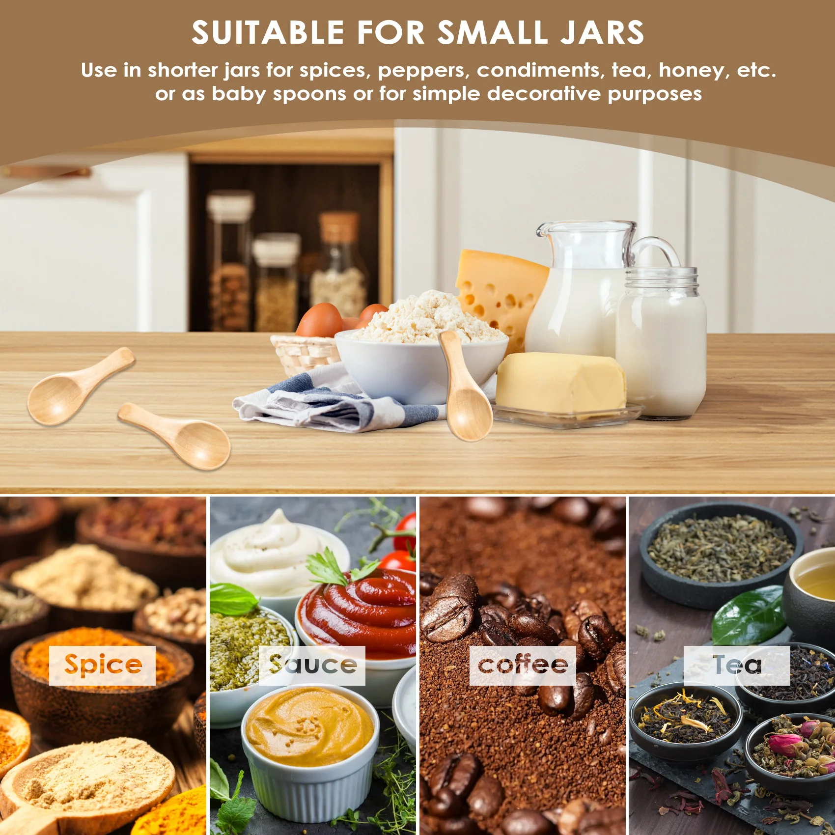 A98E-Short Handle 10 Packets Of Small Wooden Spoon, Perfect For Small Jars Of Jam, Spices, Condiments, Seasonings, Sugar, Honey,