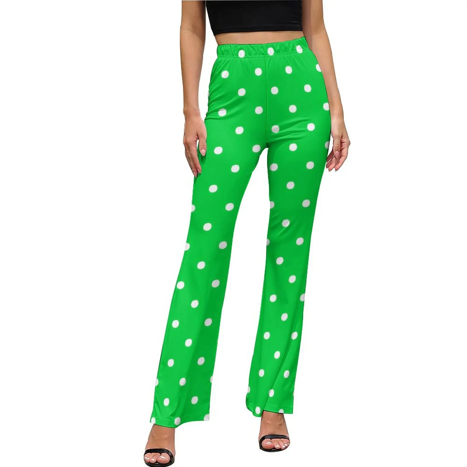 Polka Dots Print Casual Pants Summer Green and White Sexy Custom Flare Trousers Elastic Waist Slim Stretch Korean Fashion Pants