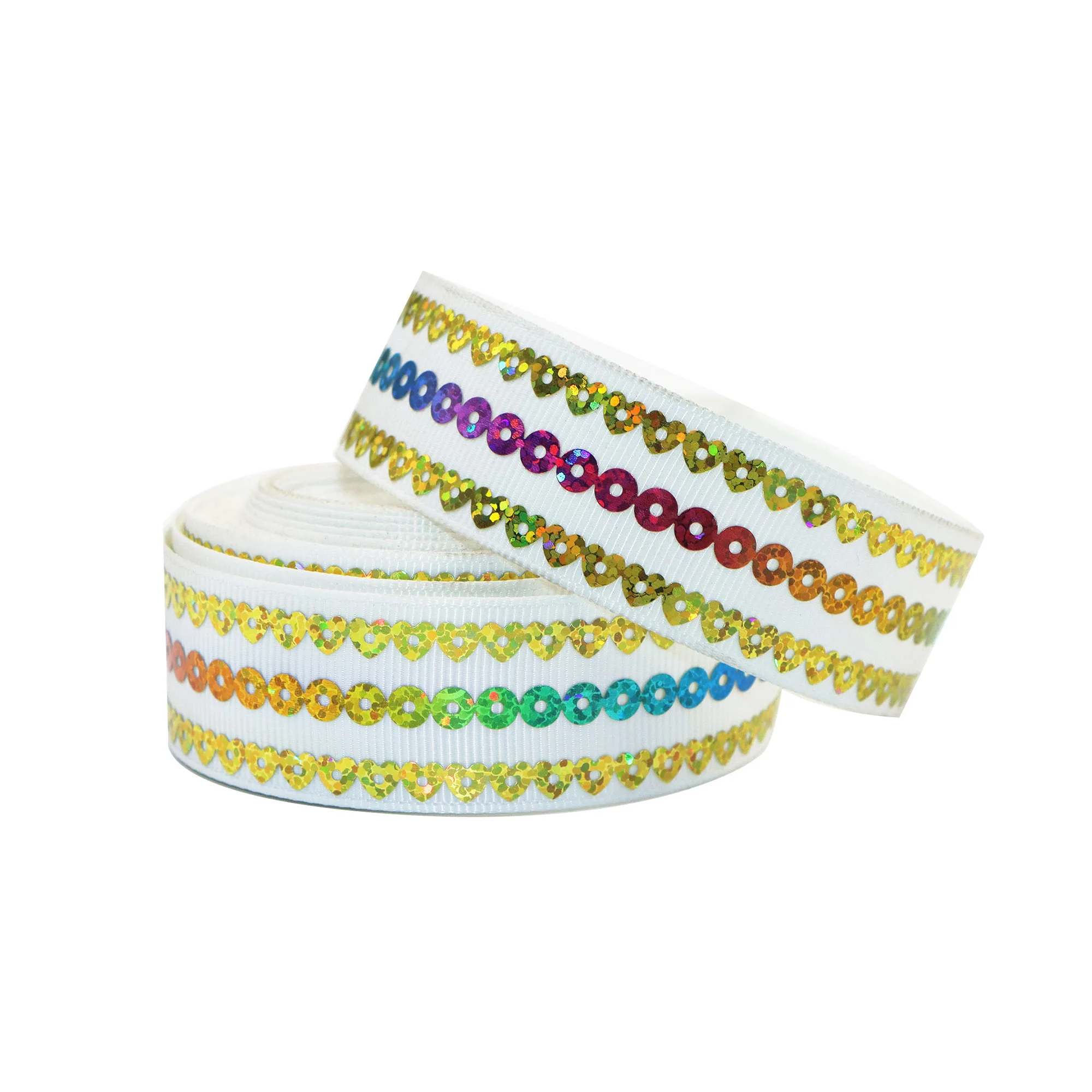 1 Rollo, 1 Pulgada/25mm X 5 Yardas/rollo, Cinta de Grosgrain Blanca con Lentejuelas de Corazones Coloridos