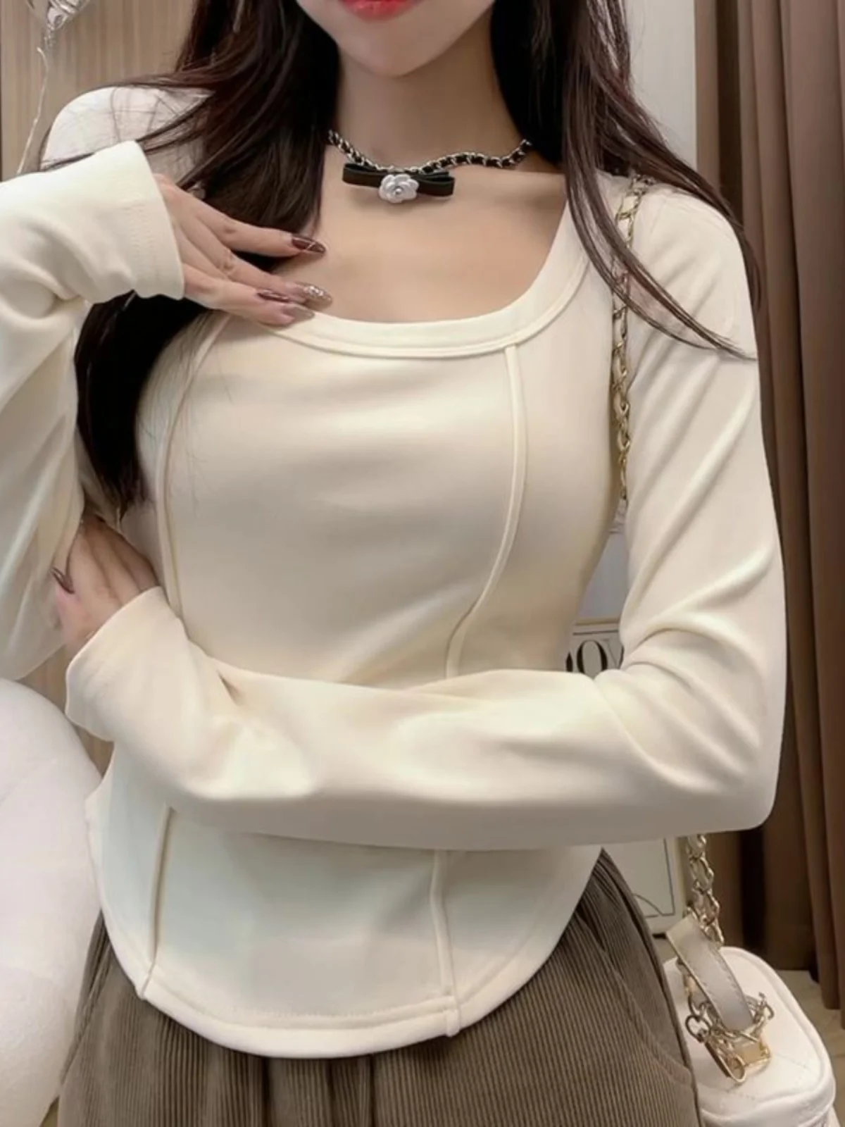 Square Collar Short Sleeve Women's Base Shirt Autumn Winter Fashion Sensation Slim Fit Long Sleeve T-Shirt Korean Style Commute